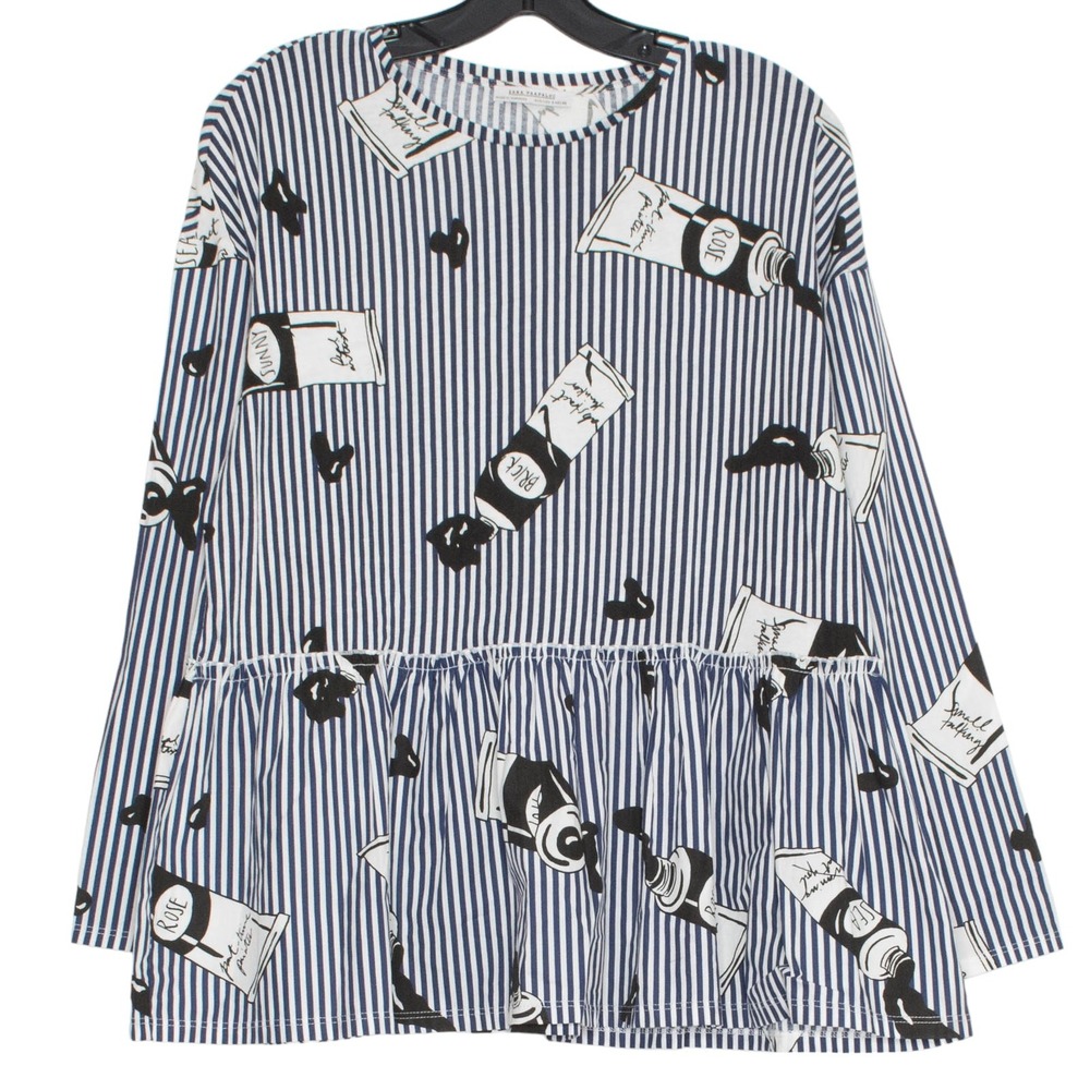 Zara Top Boho Artsy Eclectic Whimsical Paint Tube Print Peplum Stripe Blue Small